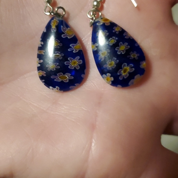 *Sale* New Pear Shaped Blue Millefiori Glass Earrings. - Picture 7 of 9